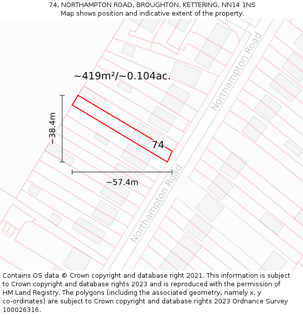 74, NORTHAMPTON ROAD, BROUGHTON, KETTERING, NN14 1NS: Plot and title map
