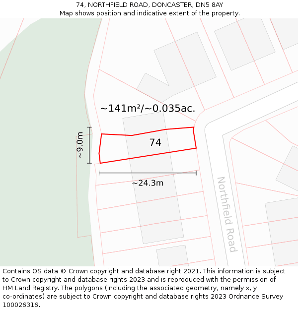 74, NORTHFIELD ROAD, DONCASTER, DN5 8AY: Plot and title map