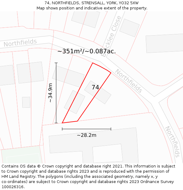 74, NORTHFIELDS, STRENSALL, YORK, YO32 5XW: Plot and title map