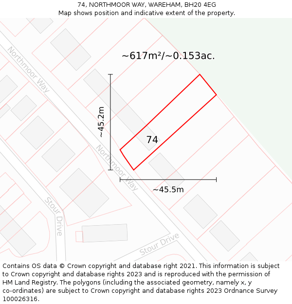 74, NORTHMOOR WAY, WAREHAM, BH20 4EG: Plot and title map