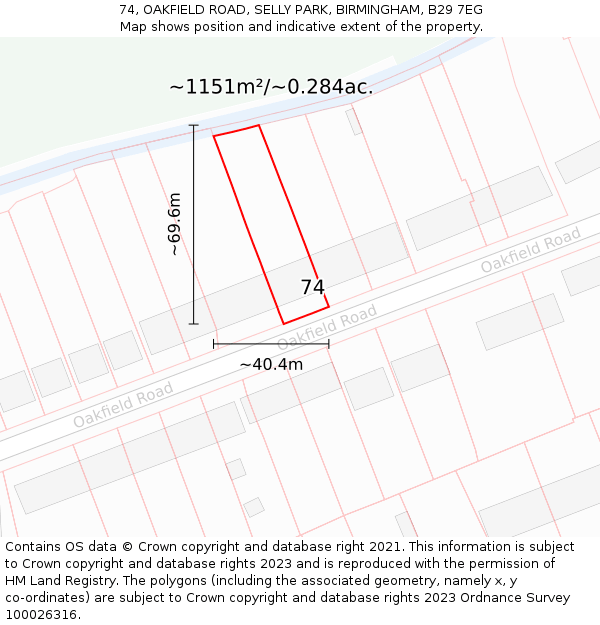 74, OAKFIELD ROAD, SELLY PARK, BIRMINGHAM, B29 7EG: Plot and title map