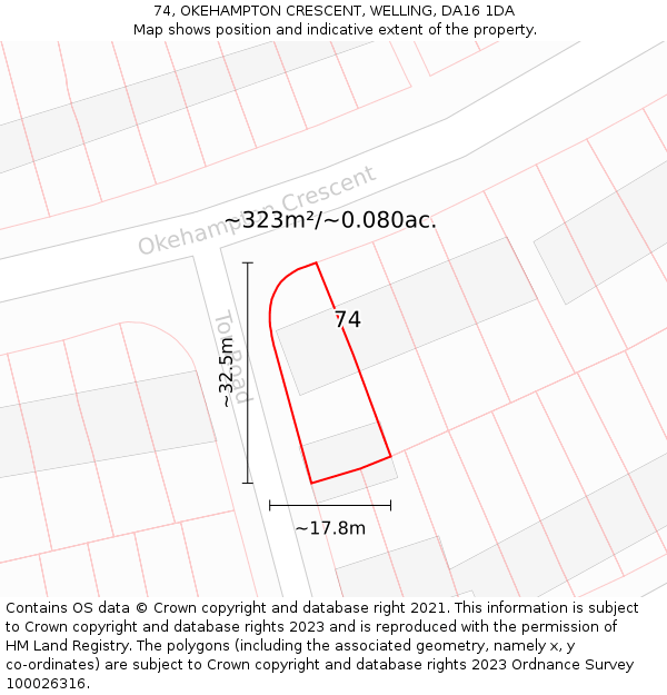 74, OKEHAMPTON CRESCENT, WELLING, DA16 1DA: Plot and title map