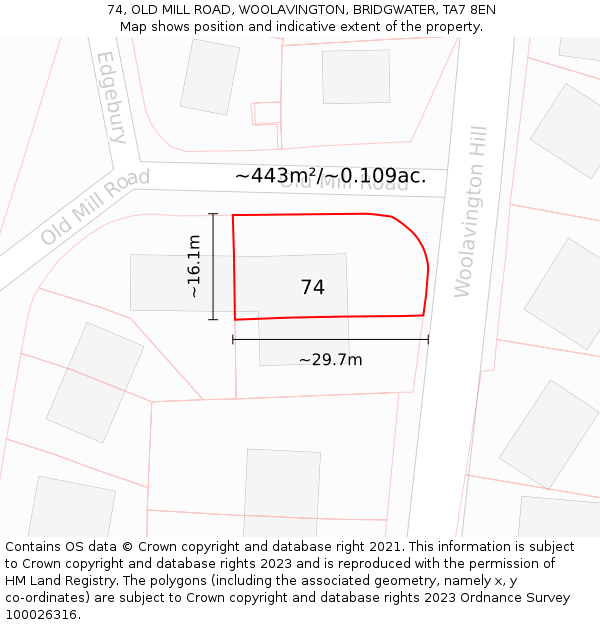 74, OLD MILL ROAD, WOOLAVINGTON, BRIDGWATER, TA7 8EN: Plot and title map
