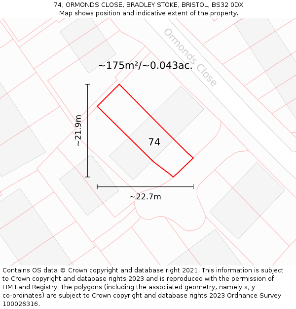 74, ORMONDS CLOSE, BRADLEY STOKE, BRISTOL, BS32 0DX: Plot and title map