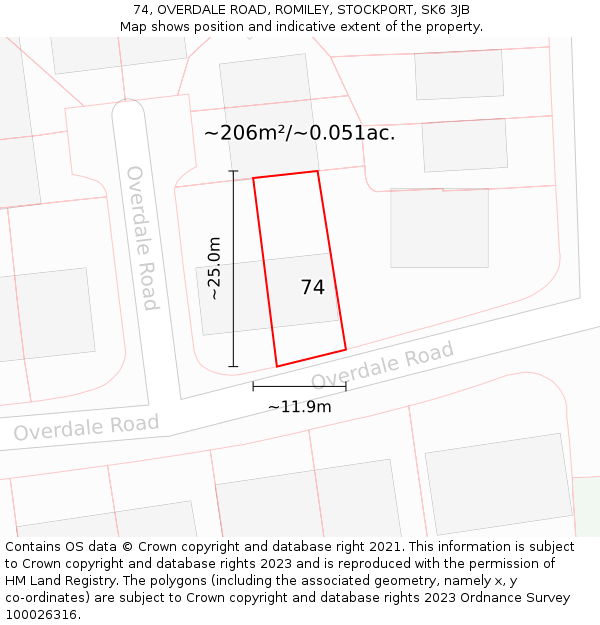 74, OVERDALE ROAD, ROMILEY, STOCKPORT, SK6 3JB: Plot and title map