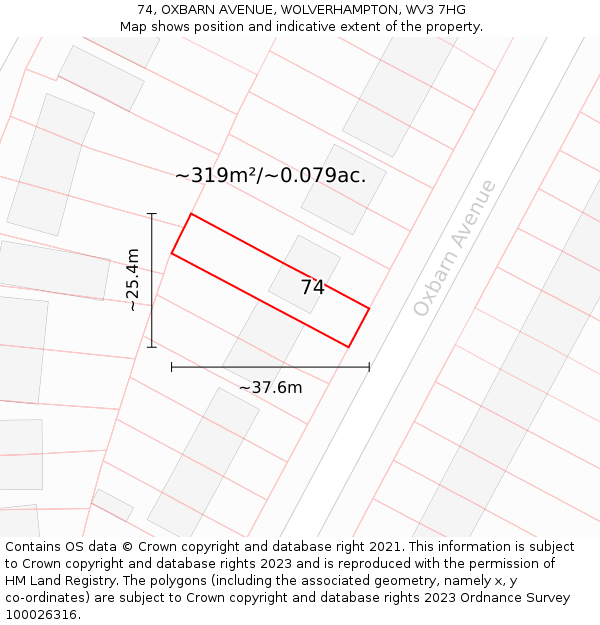 74, OXBARN AVENUE, WOLVERHAMPTON, WV3 7HG: Plot and title map