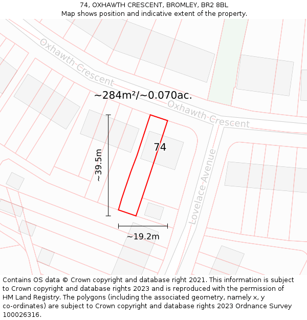 74, OXHAWTH CRESCENT, BROMLEY, BR2 8BL: Plot and title map