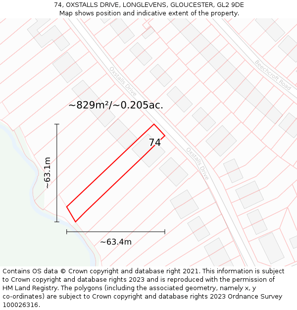 74, OXSTALLS DRIVE, LONGLEVENS, GLOUCESTER, GL2 9DE: Plot and title map