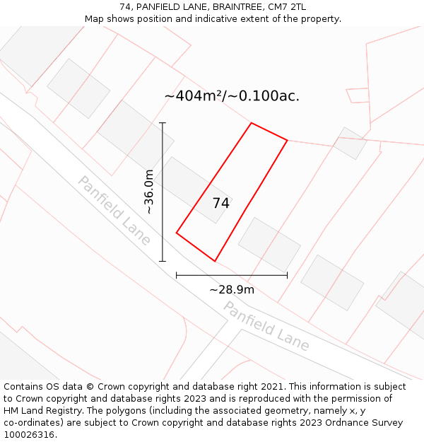 74, PANFIELD LANE, BRAINTREE, CM7 2TL: Plot and title map