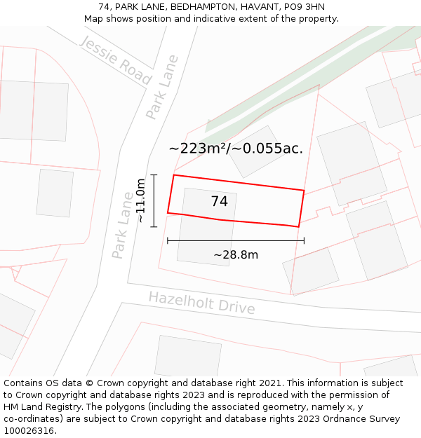74, PARK LANE, BEDHAMPTON, HAVANT, PO9 3HN: Plot and title map