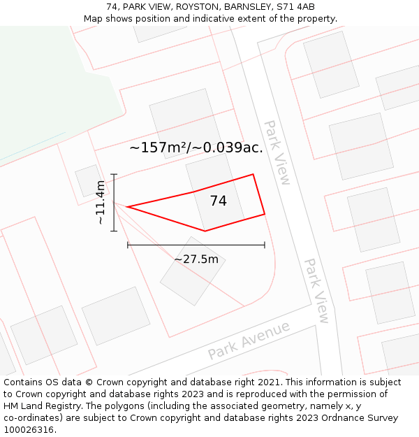 74, PARK VIEW, ROYSTON, BARNSLEY, S71 4AB: Plot and title map