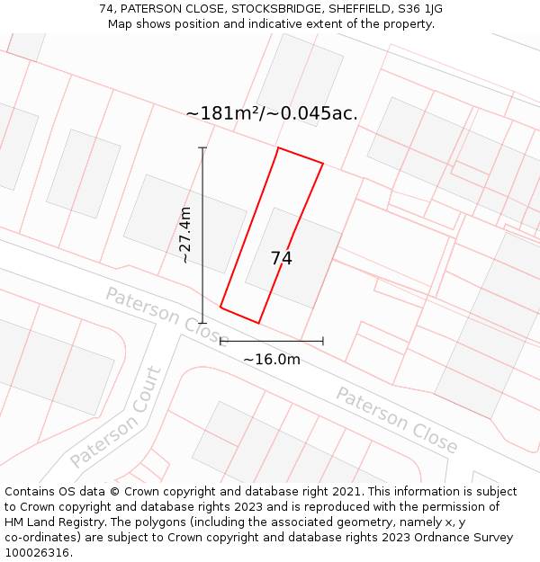 74, PATERSON CLOSE, STOCKSBRIDGE, SHEFFIELD, S36 1JG: Plot and title map