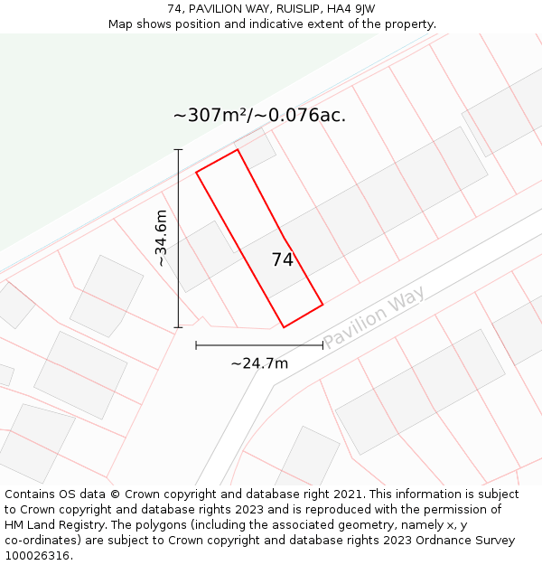 74, PAVILION WAY, RUISLIP, HA4 9JW: Plot and title map