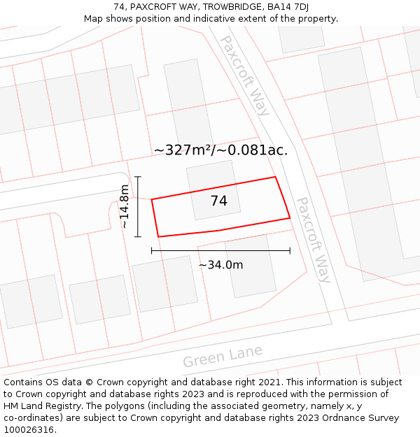 74, PAXCROFT WAY, TROWBRIDGE, BA14 7DJ: Plot and title map