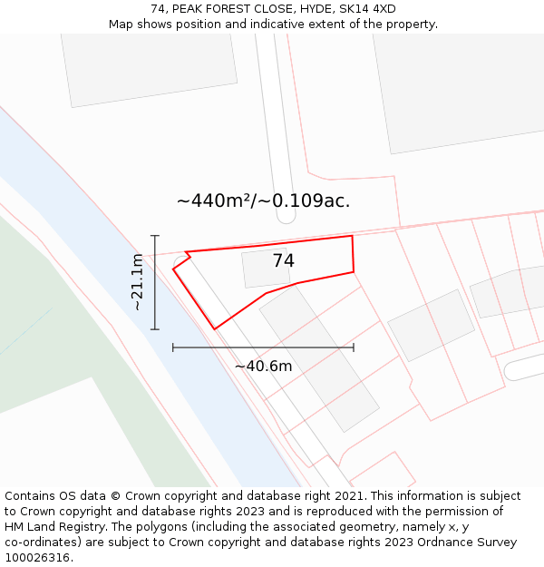 74, PEAK FOREST CLOSE, HYDE, SK14 4XD: Plot and title map