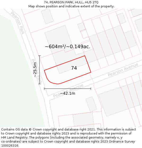 74, PEARSON PARK, HULL, HU5 2TQ: Plot and title map