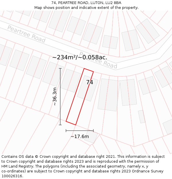 74, PEARTREE ROAD, LUTON, LU2 8BA: Plot and title map