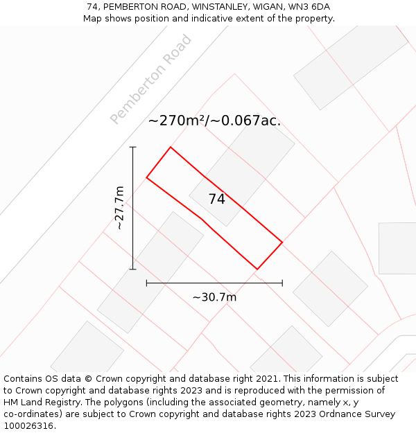 74, PEMBERTON ROAD, WINSTANLEY, WIGAN, WN3 6DA: Plot and title map