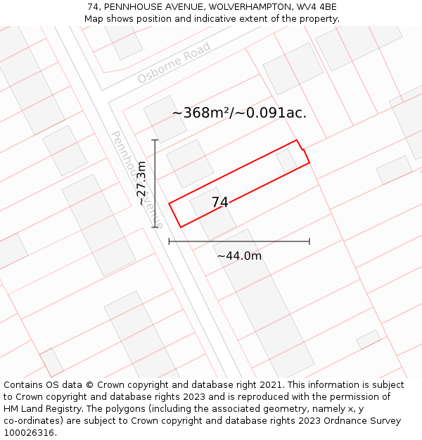 74, PENNHOUSE AVENUE, WOLVERHAMPTON, WV4 4BE: Plot and title map