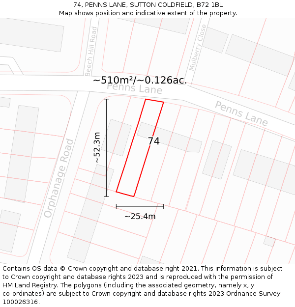 74, PENNS LANE, SUTTON COLDFIELD, B72 1BL: Plot and title map