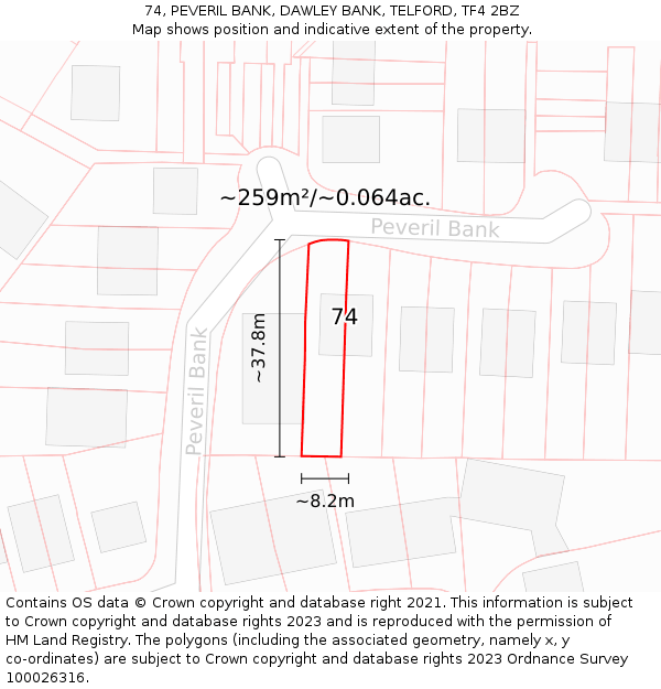 74, PEVERIL BANK, DAWLEY BANK, TELFORD, TF4 2BZ: Plot and title map
