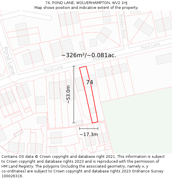74, POND LANE, WOLVERHAMPTON, WV2 1HJ: Plot and title map