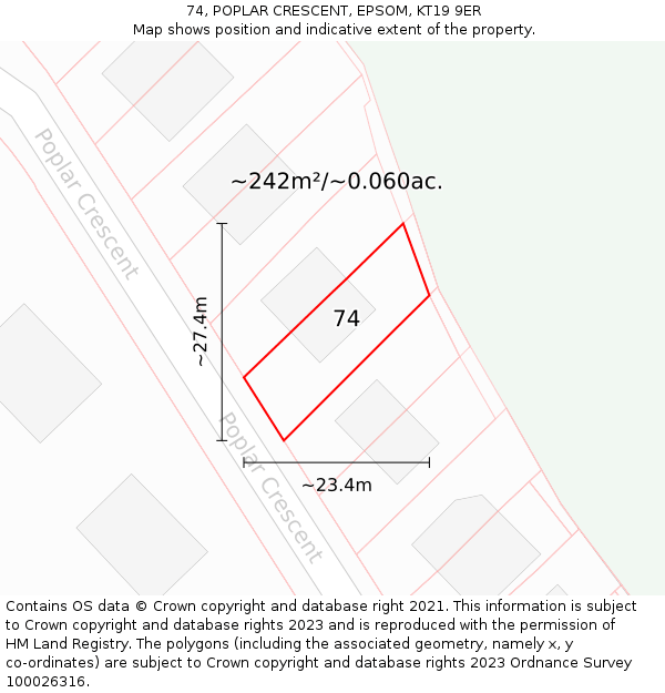 74, POPLAR CRESCENT, EPSOM, KT19 9ER: Plot and title map
