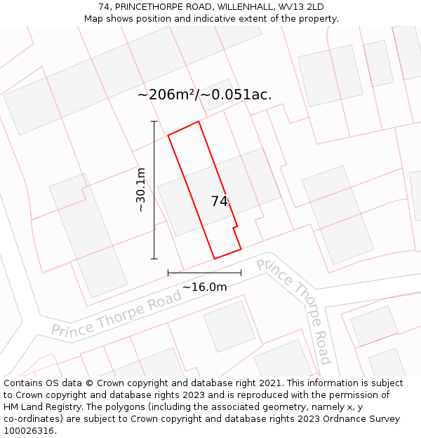 74, PRINCETHORPE ROAD, WILLENHALL, WV13 2LD: Plot and title map