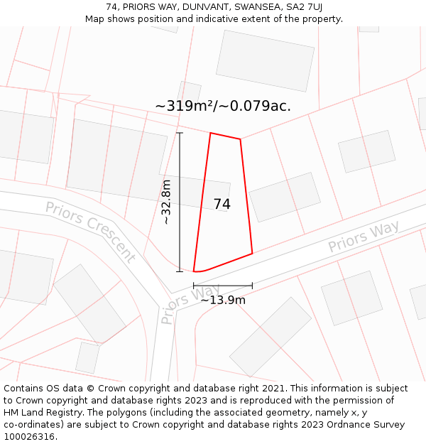 74, PRIORS WAY, DUNVANT, SWANSEA, SA2 7UJ: Plot and title map