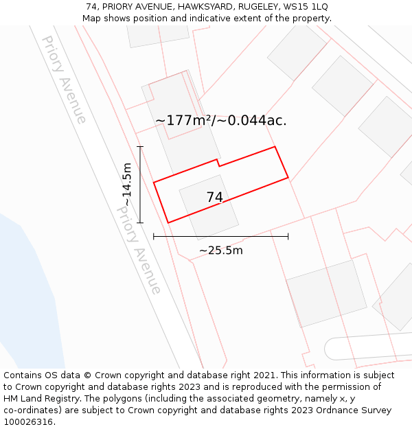 74, PRIORY AVENUE, HAWKSYARD, RUGELEY, WS15 1LQ: Plot and title map