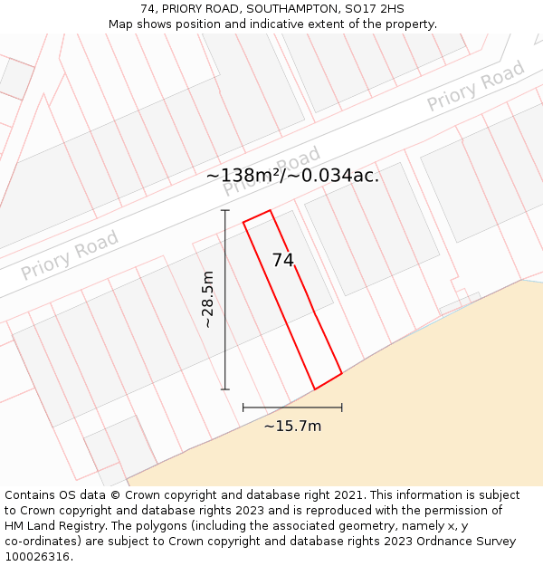 74, PRIORY ROAD, SOUTHAMPTON, SO17 2HS: Plot and title map