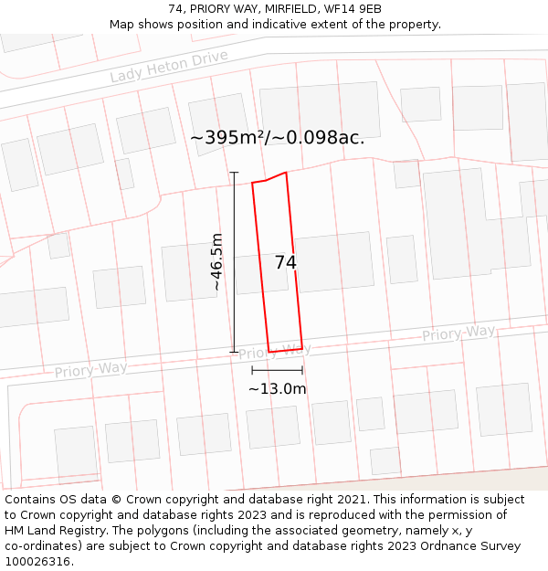 74, PRIORY WAY, MIRFIELD, WF14 9EB: Plot and title map