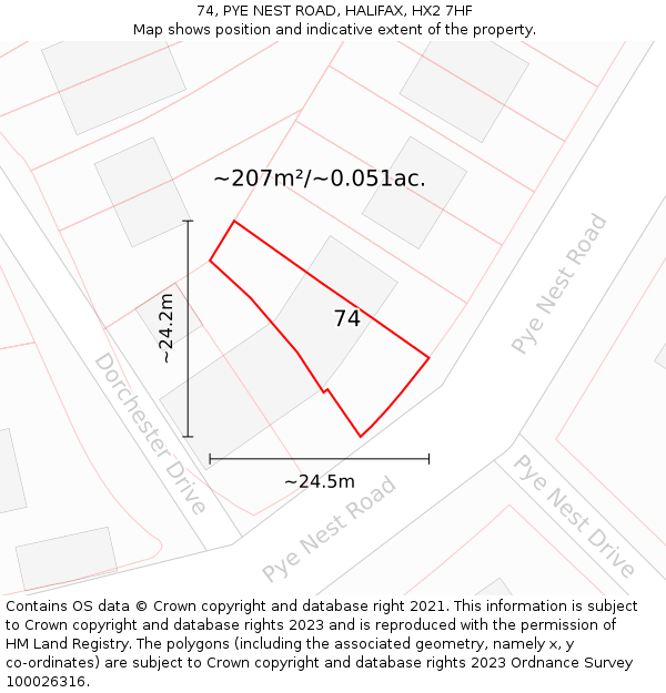 74, PYE NEST ROAD, HALIFAX, HX2 7HF: Plot and title map