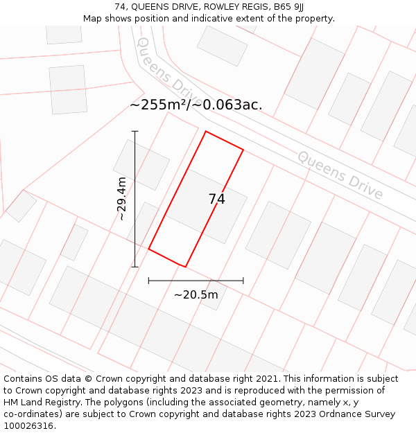 74, QUEENS DRIVE, ROWLEY REGIS, B65 9JJ: Plot and title map