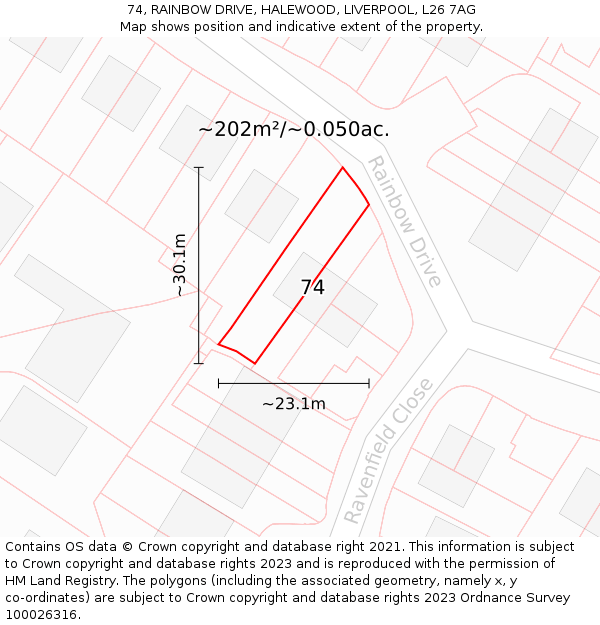 74, RAINBOW DRIVE, HALEWOOD, LIVERPOOL, L26 7AG: Plot and title map