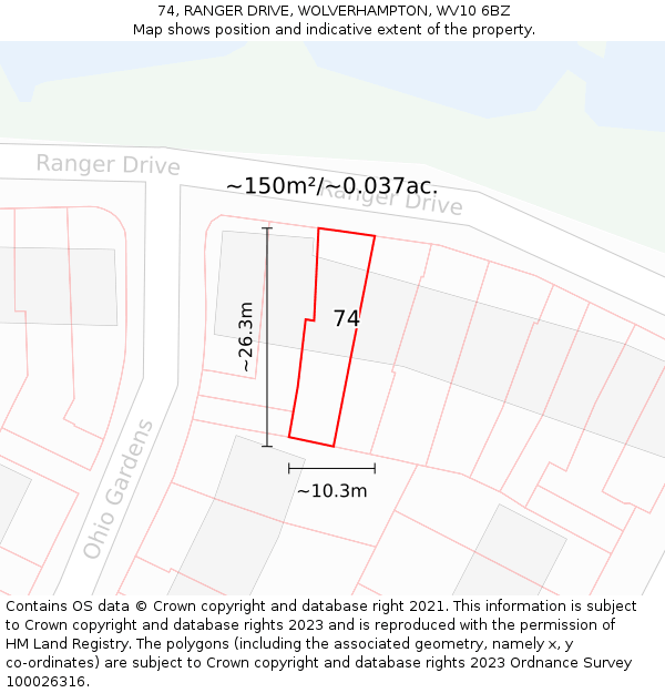 74, RANGER DRIVE, WOLVERHAMPTON, WV10 6BZ: Plot and title map
