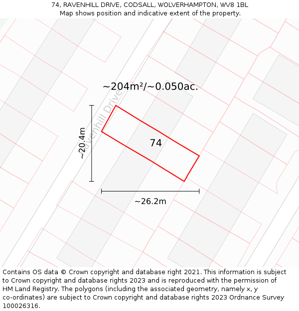 74, RAVENHILL DRIVE, CODSALL, WOLVERHAMPTON, WV8 1BL: Plot and title map