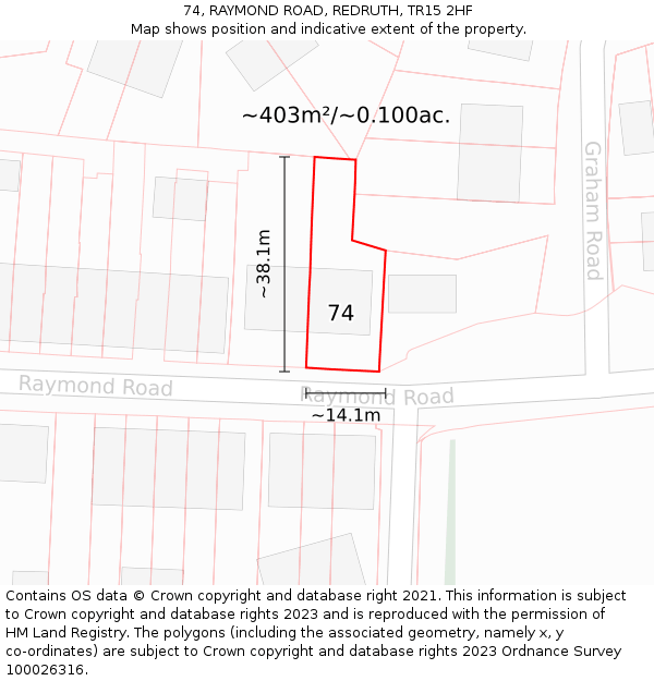 74, RAYMOND ROAD, REDRUTH, TR15 2HF: Plot and title map