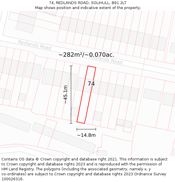 74, REDLANDS ROAD, SOLIHULL, B91 2LT: Plot and title map