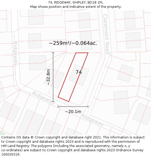 74, RIDGEWAY, SHIPLEY, BD18 1PL: Plot and title map