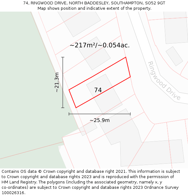 74, RINGWOOD DRIVE, NORTH BADDESLEY, SOUTHAMPTON, SO52 9GT: Plot and title map