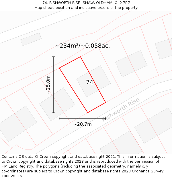 74, RISHWORTH RISE, SHAW, OLDHAM, OL2 7PZ: Plot and title map