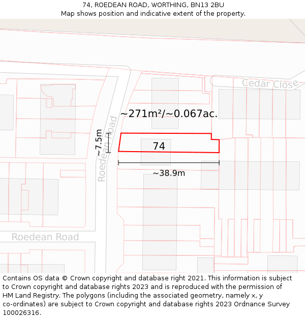 74, ROEDEAN ROAD, WORTHING, BN13 2BU: Plot and title map