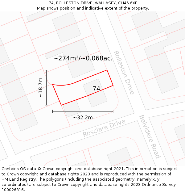74, ROLLESTON DRIVE, WALLASEY, CH45 6XF: Plot and title map