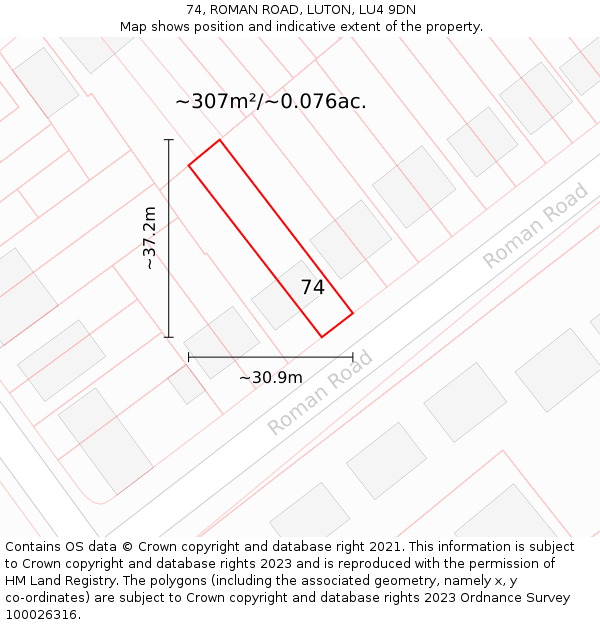 74, ROMAN ROAD, LUTON, LU4 9DN: Plot and title map