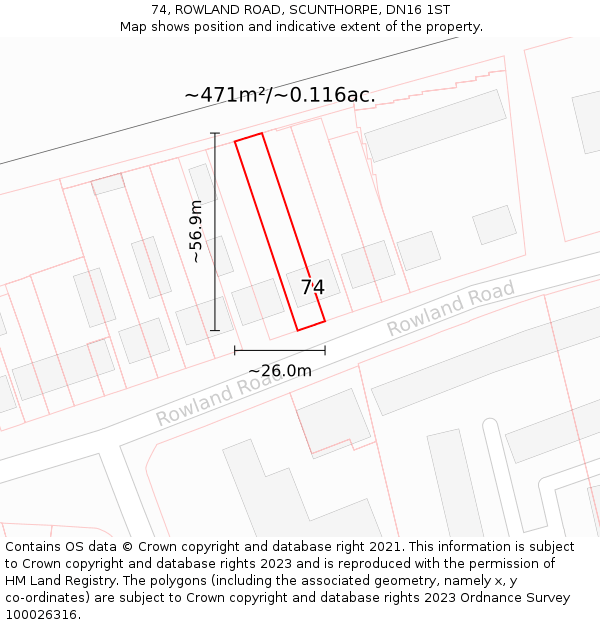 74, ROWLAND ROAD, SCUNTHORPE, DN16 1ST: Plot and title map