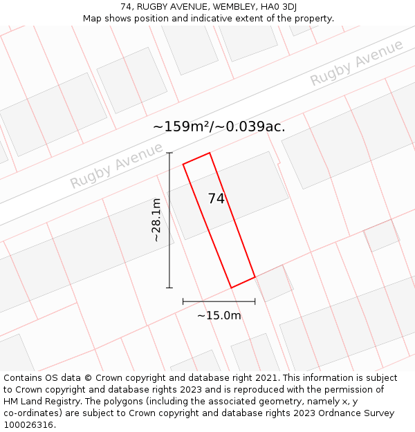 74, RUGBY AVENUE, WEMBLEY, HA0 3DJ: Plot and title map