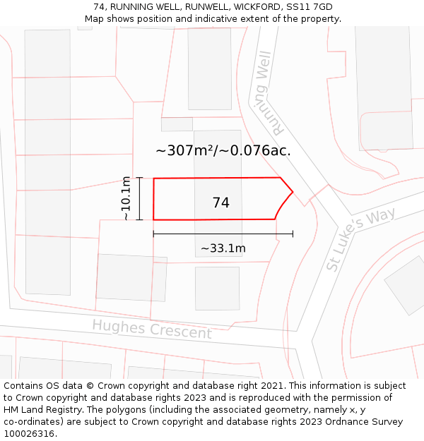 74, RUNNING WELL, RUNWELL, WICKFORD, SS11 7GD: Plot and title map