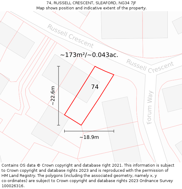 74, RUSSELL CRESCENT, SLEAFORD, NG34 7JF: Plot and title map
