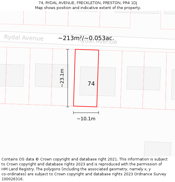 74, RYDAL AVENUE, FRECKLETON, PRESTON, PR4 1DJ: Plot and title map